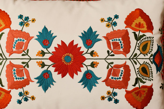 Lumbar White Floral Cotton Decorative Pillow Cover Silk Embroidery 14"x20" - KashmirDesigns