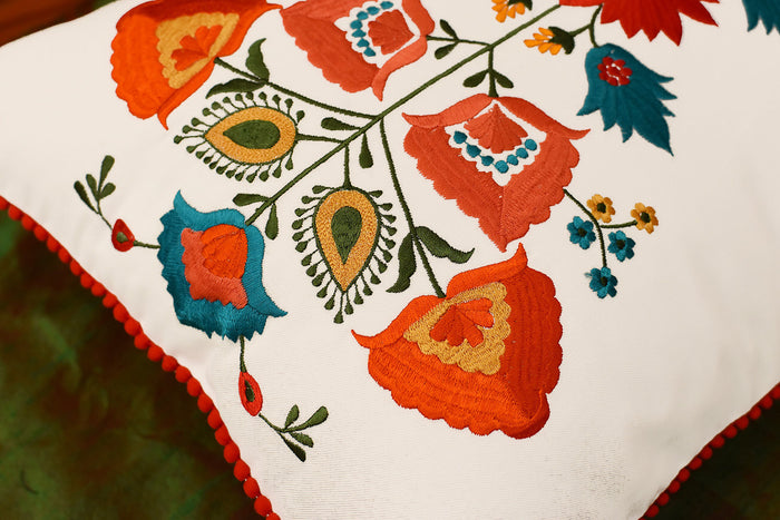 Lumbar White Floral Cotton Decorative Pillow Cover Silk Embroidery 14"x20" - KashmirDesigns