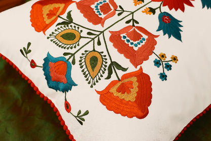 Lumbar White Floral Cotton Decorative Pillow Cover Silk Embroidery 14"x20" - KashmirDesigns