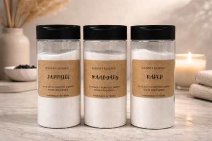 16 oz carpet freshener powders by Scentify Essence in Sapphire, Mahogany, and Naked scents, designed to eliminate odors and refresh home spaces