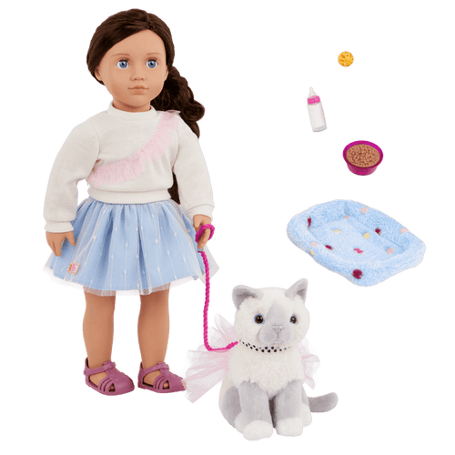 Our Generation 18" Doll Mindy, her Pet Cat Pepper and cat accessories