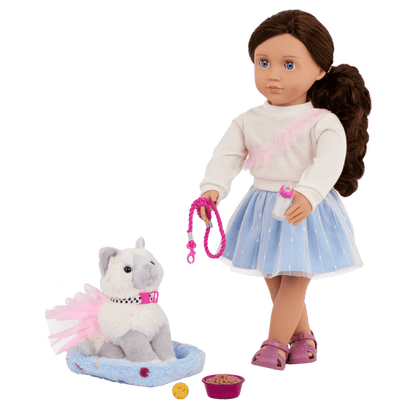 Our Generation 18" Doll Mindy, her Pet Cat Pepper and cat accessories