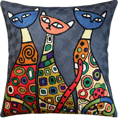 Modern Cats Dark Gray Kitties Triplets Accent Pillow Cover Handmade Wool 18x18" - KashmirDesigns