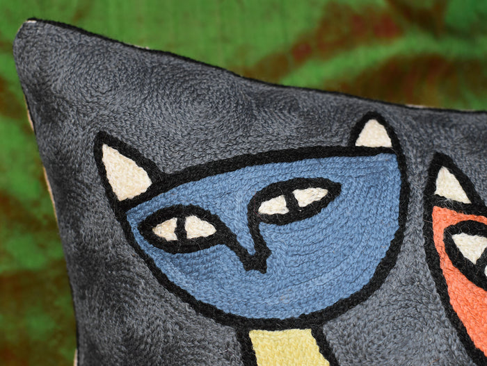 Modern Cats Dark Gray Kitties Triplets Accent Pillow Cover Handmade Wool 18x18" - KashmirDesigns