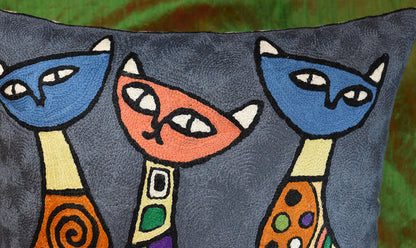 Modern Cats Dark Gray Kitties Triplets Accent Pillow Cover Handmade Wool 18x18" - KashmirDesigns