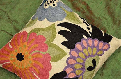 Modern Floral Design Pillow Cover I Hand Embroidered Wool 18x18" - KashmirDesigns