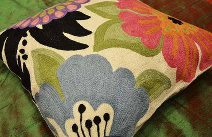 Modern Floral Design Pillow Cover I Hand Embroidered Wool 18x18" - KashmirDesigns