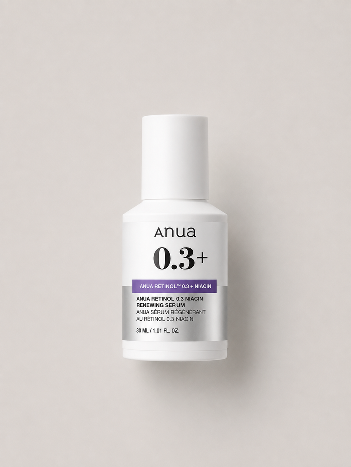 Korean skincare - Anua Retinol 0.3% + Niacin Renewing Serum, 30 ml, in a white bottle on a light greige background
