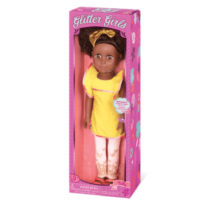 14-inch posable doll with brown hair and hazel eyes