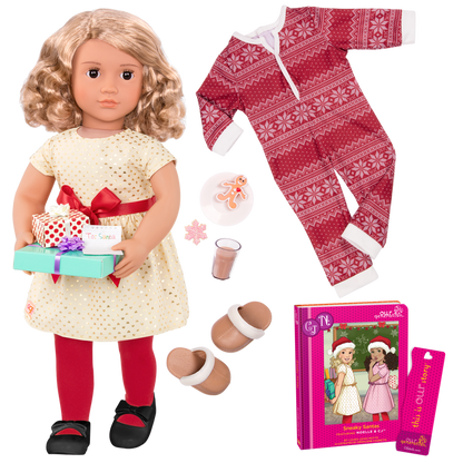 18-inch holiday doll with blonde hair, brown eyes, Christmas accessories and storybook