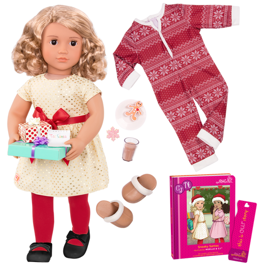 18-inch holiday doll with blonde hair, brown eyes, Christmas accessories and storybook