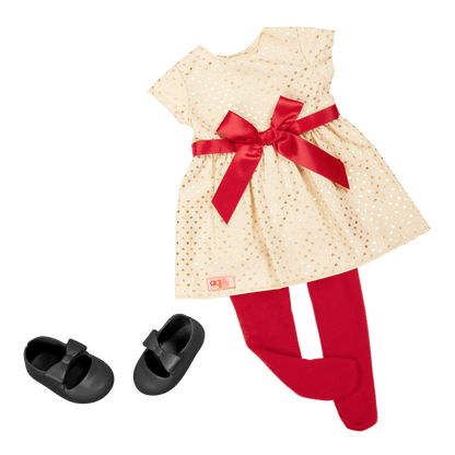 18-inch holiday doll with blonde hair, brown eyes, Christmas accessories and storybook