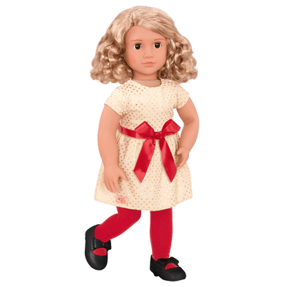 18-inch holiday doll with blonde hair, brown eyes, Christmas accessories and storybook
