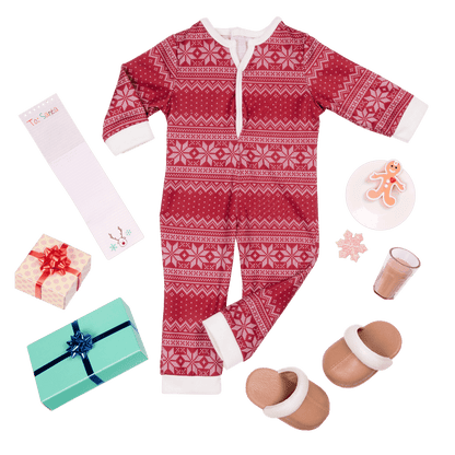 18-inch holiday doll with blonde hair, brown eyes, Christmas accessories and storybook