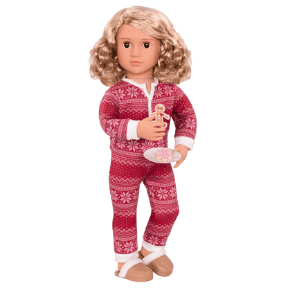 18-inch holiday doll with blonde hair, brown eyes, Christmas accessories and storybook