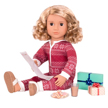 18-inch holiday doll with blonde hair, brown eyes, Christmas accessories and storybook