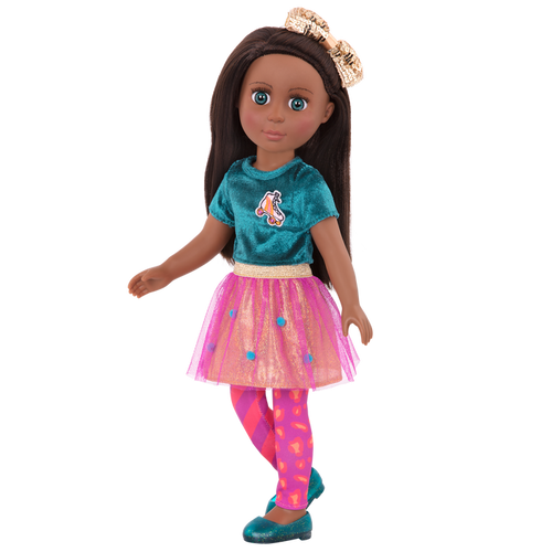 14-inch posable doll with brown hair and turquoise eyes