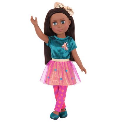 14-inch posable doll with brown hair and turquoise eyes