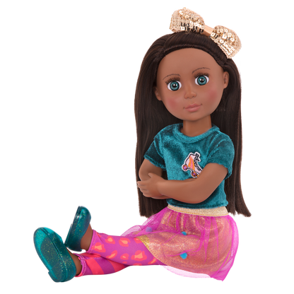 14-inch posable doll with brown hair and turquoise eyes