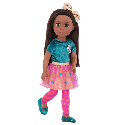 14-inch posable doll with brown hair and turquoise eyes