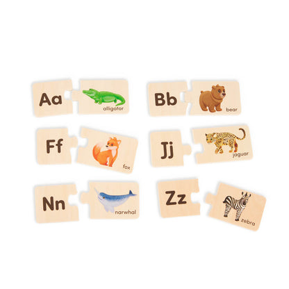 Puzzle pieces in a wooden box.