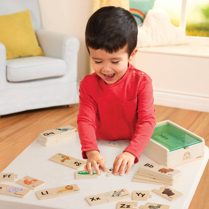 Puzzle pieces in a wooden box.