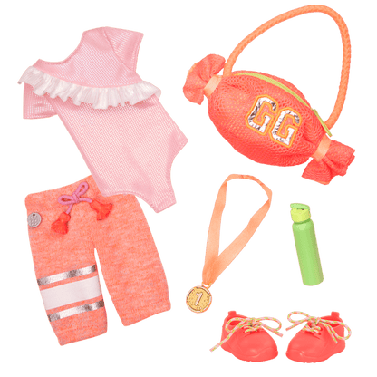 Gymnastic outfit with gym bag and medal for 14-inch doll