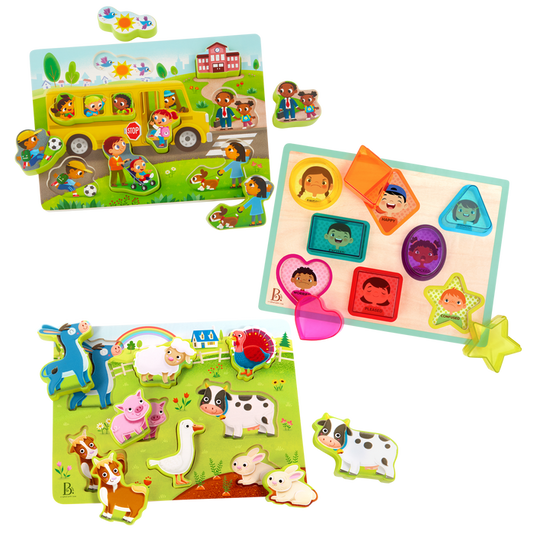 Chunky wooden puzzles for toddlers school bus farm animals emotions