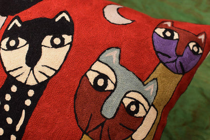 Picasso Red Cat Quadruplets Decorative Pillow Cover Handembroidered Wool 18"x18" - KashmirDesigns