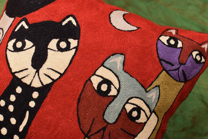 Picasso Red Cat Quadruplets Decorative Pillow Cover Handembroidered Wool 18"x18" - KashmirDesigns