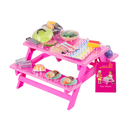 Two 18-inch dolls with picnic table playset