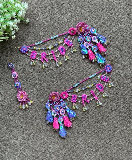 Pink & Blue Floral BRIDE Earring Tikka Set