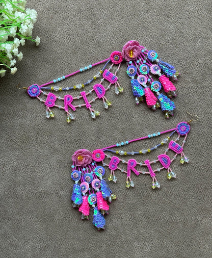 Pink & Blue Floral BRIDE Earring Tikka Set