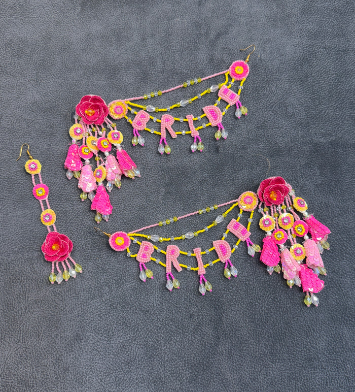Pink & Yellow Floral BRIDE Earring Tikka Set