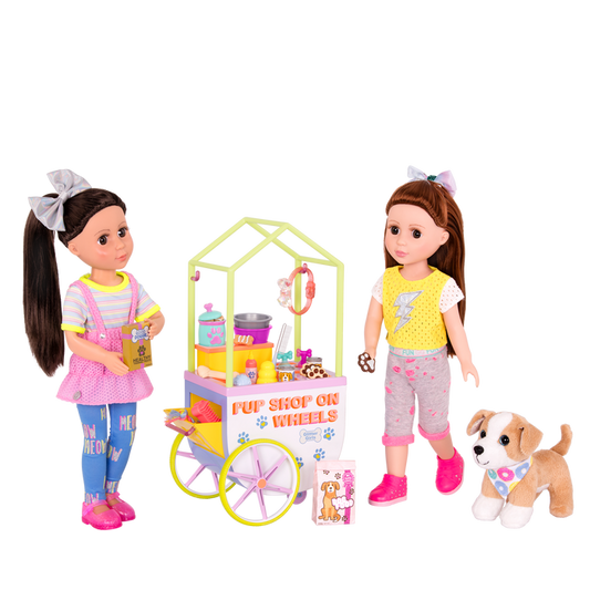 Two 14-inch dolls and chihuahua dog plushie with toy pet shop cart