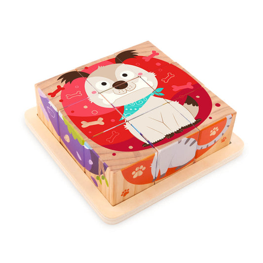 A cube puzzle for toddlers and kids with a picture of a dog.