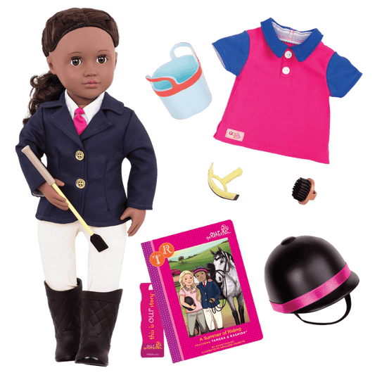 18-inch doll with dark-brown hair, brown eyes, equestrian accessories and storybook