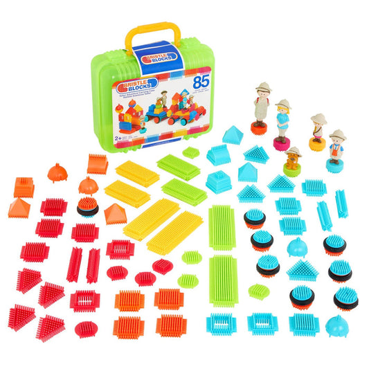 Colorful building blocks laid out, so you can see all 85 pieces.