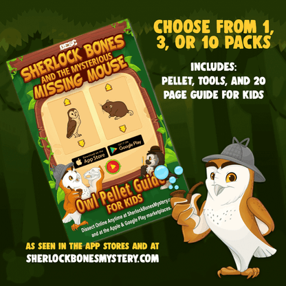 Sherlock Bones game pack featuring owl pellet guide and tools for kids, available in various quantities.