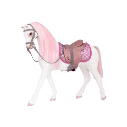 White and pink toy horse with saddle