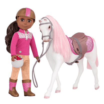 White and pink toy horse with saddle