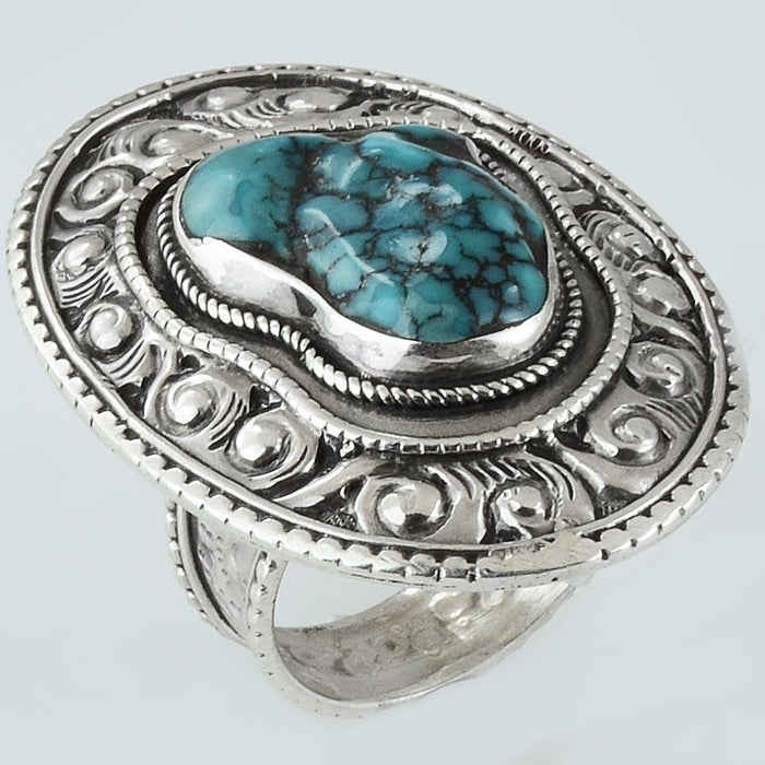 Size 8 Turquoise Ring Sterling Silver Cocktail Rings Hand Carved - Kashmir Designs