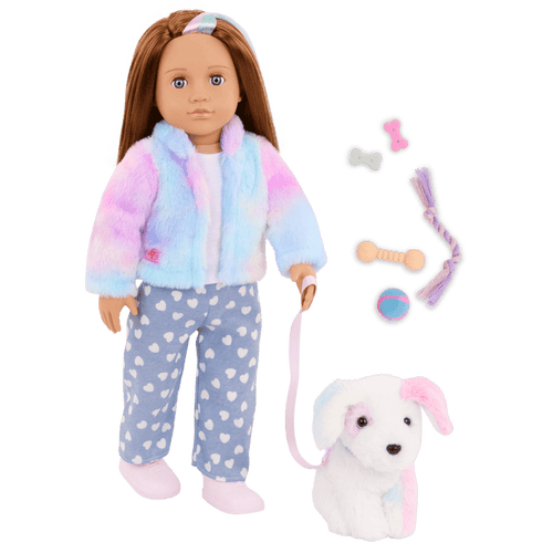 Our Generation 18" Doll Skylar and her Dog Bow with dog toys and treats
