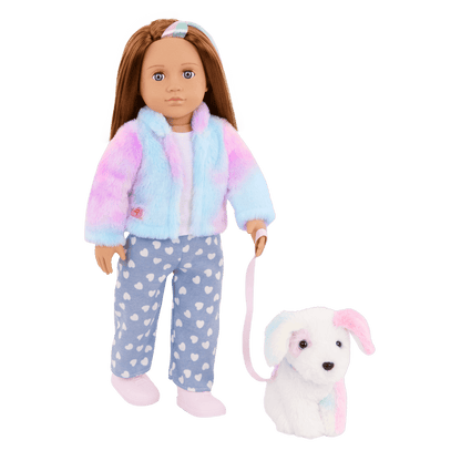 Our Generation 18" Doll Skylar and her Dog Bow with dog toys and treats