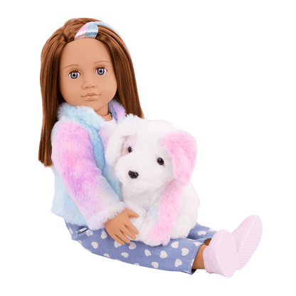 Our Generation 18" Doll Skylar and her Dog Bow with dog toys and treats
