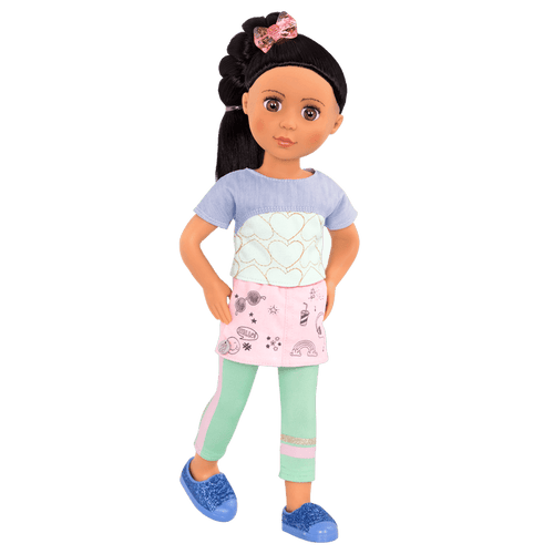14-inch posable doll with black hair and hazel eyes