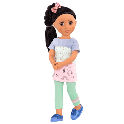 14-inch posable doll with black hair and hazel eyes