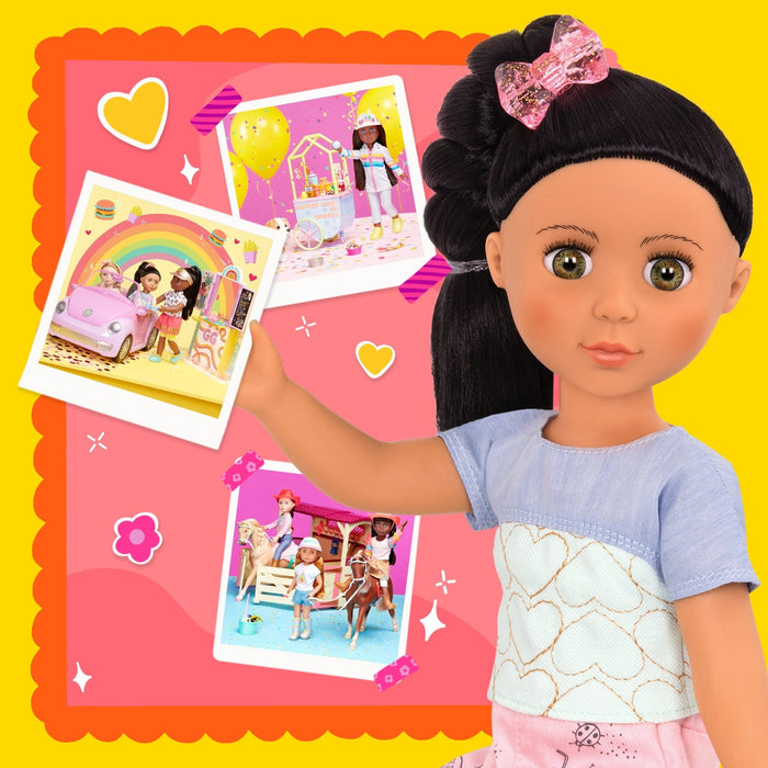 14-inch posable doll with black hair and hazel eyes