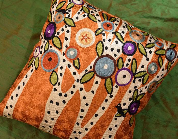 Spring Blooms Karla Gerard Accent Pillow Cover Handembroidered Art Silk 18"x18" - KashmirDesigns