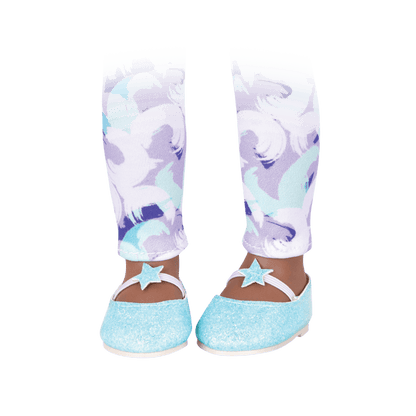 Purple & blue leggings and blue glitter ballet flats for 14-inch doll